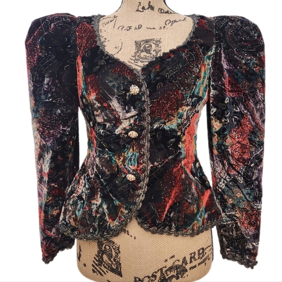 80s VINTAGE SHUET YOUNG For HW, Black Floral Velour Teddy Jacket, US Women's 6 - Picture 3 of 12